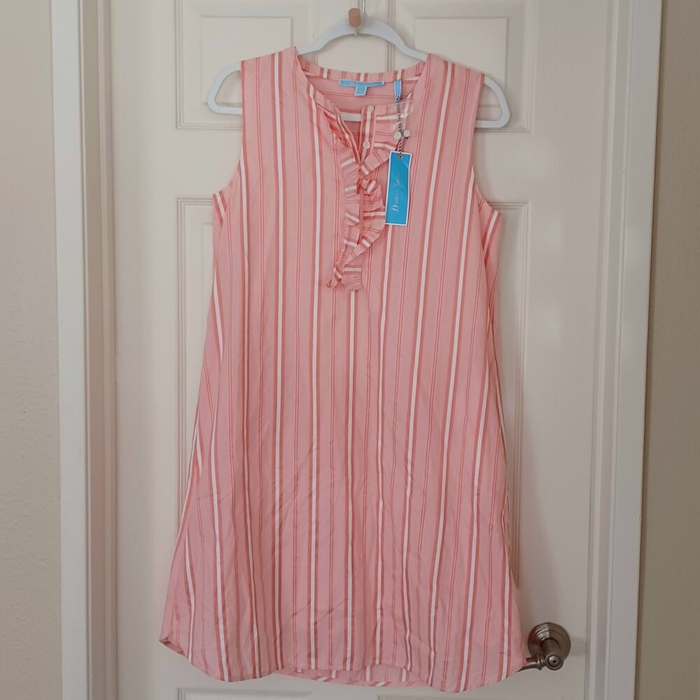 Draper James Ruffle Placket Dress Coral Pink Stripe M NWT - Picture 2 of 15